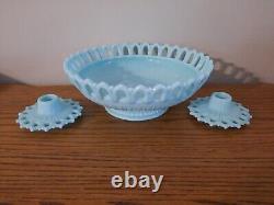 Vtg Fostoria Aqua Blue Milk Glass Centerpiece Fruit Bowl withCandlesticks Rare