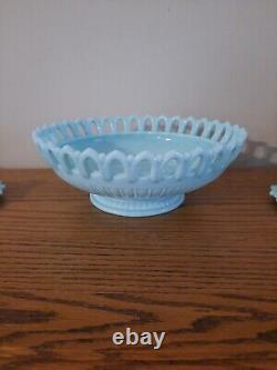 Vtg Fostoria Aqua Blue Milk Glass Centerpiece Fruit Bowl withCandlesticks Rare