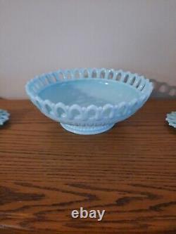 Vtg Fostoria Aqua Blue Milk Glass Centerpiece Fruit Bowl withCandlesticks Rare