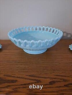 Vtg Fostoria Aqua Blue Milk Glass Centerpiece Fruit Bowl withCandlesticks Rare