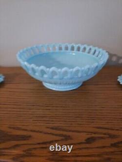 Vtg Fostoria Aqua Blue Milk Glass Centerpiece Fruit Bowl withCandlesticks Rare