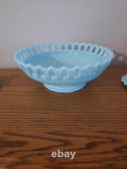 Vtg Fostoria Aqua Blue Milk Glass Centerpiece Fruit Bowl withCandlesticks Rare