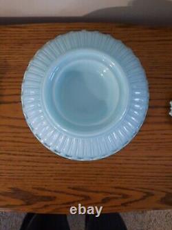 Vtg Fostoria Aqua Blue Milk Glass Centerpiece Fruit Bowl withCandlesticks Rare