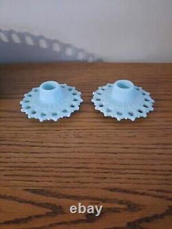 Vtg Fostoria Aqua Blue Milk Glass Centerpiece Fruit Bowl withCandlesticks Rare