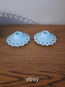 Vtg Fostoria Aqua Blue Milk Glass Centerpiece Fruit Bowl withCandlesticks Rare