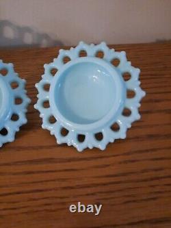 Vtg Fostoria Aqua Blue Milk Glass Centerpiece Fruit Bowl withCandlesticks Rare