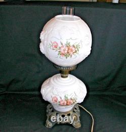Vtg GWTW Milk Glass Parlor Lamp Puffy Embossed Pink Roses 3-Way 22 FREE SHIP
