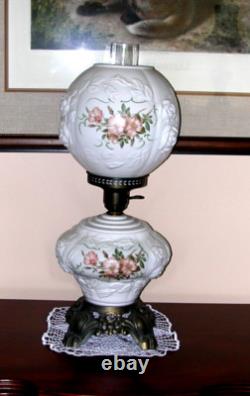 Vtg GWTW Milk Glass Parlor Lamp Puffy Embossed Pink Roses 3-Way 22 FREE SHIP