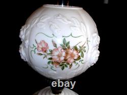 Vtg GWTW Milk Glass Parlor Lamp Puffy Embossed Pink Roses 3-Way 22 FREE SHIP