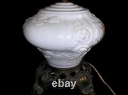 Vtg GWTW Milk Glass Parlor Lamp Puffy Embossed Pink Roses 3-Way 22 FREE SHIP