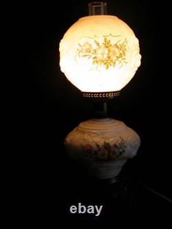 Vtg GWTW Milk Glass Parlor Lamp Puffy Embossed Pink Roses 3-Way 22 FREE SHIP