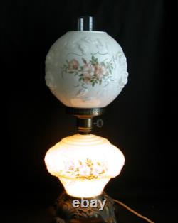 Vtg GWTW Milk Glass Parlor Lamp Puffy Embossed Pink Roses 3-Way 22 FREE SHIP