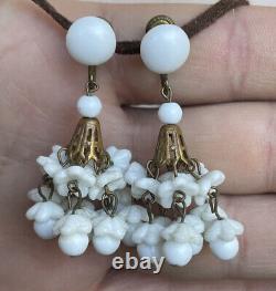 Vtg German Chandelier White Milk Glass Earrings Screw-Back Dangle Flower Brass