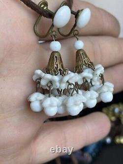 Vtg German Chandelier White Milk Glass Earrings Screw-Back Dangle Flower Brass