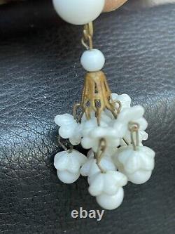 Vtg German Chandelier White Milk Glass Earrings Screw-Back Dangle Flower Brass