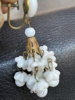 Vtg German Chandelier White Milk Glass Earrings Screw-Back Dangle Flower Brass