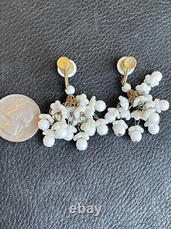 Vtg German Chandelier White Milk Glass Earrings Screw-Back Dangle Flower Brass