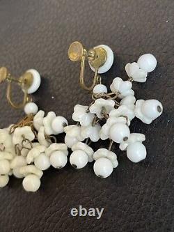 Vtg German Chandelier White Milk Glass Earrings Screw-Back Dangle Flower Brass