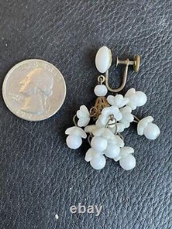 Vtg German Chandelier White Milk Glass Earrings Screw-Back Dangle Flower Brass