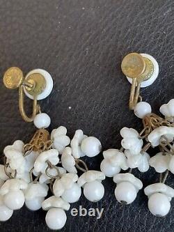 Vtg German Chandelier White Milk Glass Earrings Screw-Back Dangle Flower Brass