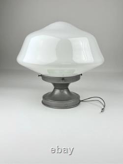 Vtg Gray Flush Mount Ceiling Light Fixture w White Milk Glass School House Globe