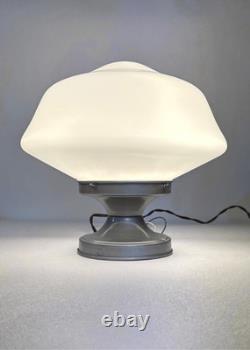 Vtg Gray Flush Mount Ceiling Light Fixture w White Milk Glass School House Globe