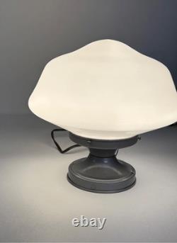 Vtg Gray Flush Mount Ceiling Light Fixture w White Milk Glass School House Globe