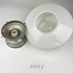 Vtg Gray Flush Mount Ceiling Light Fixture w White Milk Glass School House Globe