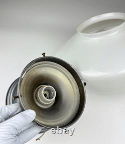 Vtg Gray Flush Mount Ceiling Light Fixture w White Milk Glass School House Globe