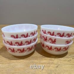 Vtg Hazel Atlas Red Rooster Milk Glass Fruit Bowls Set of 6 Mid Century Modern