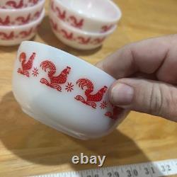 Vtg Hazel Atlas Red Rooster Milk Glass Fruit Bowls Set of 6 Mid Century Modern