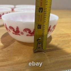Vtg Hazel Atlas Red Rooster Milk Glass Fruit Bowls Set of 6 Mid Century Modern