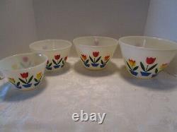 Vtg Hocking FIRE KING GLASS Tulips 4 Nesting Mixing Bowls 1950's Mid Century