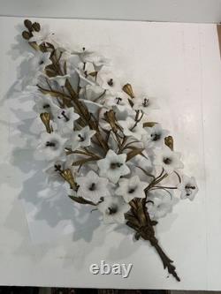 Vtg Italian Style Gilt Brass Wall Sculpture White Milk Glass Lily Flowers 40 L