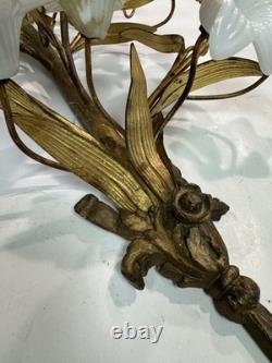 Vtg Italian Style Gilt Brass Wall Sculpture White Milk Glass Lily Flowers 40 L