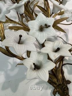 Vtg Italian Style Gilt Brass Wall Sculpture White Milk Glass Lily Flowers 40 L