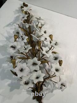 Vtg Italian Style Gilt Brass Wall Sculpture White Milk Glass Lily Flowers 40 L