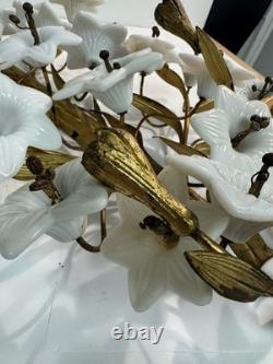 Vtg Italian Style Gilt Brass Wall Sculpture White Milk Glass Lily Flowers 40 L
