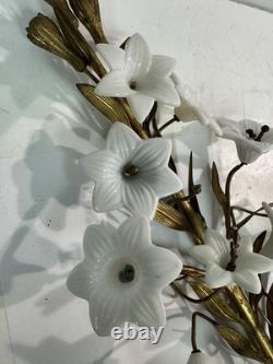 Vtg Italian Style Gilt Brass Wall Sculpture White Milk Glass Lily Flowers 40 L