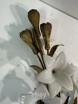 Vtg Italian Style Gilt Brass Wall Sculpture White Milk Glass Lily Flowers 40 L