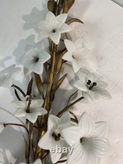 Vtg Italian Style Gilt Brass Wall Sculpture White Milk Glass Lily Flowers 40 L