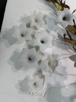 Vtg Italian Style Gilt Brass Wall Sculpture White Milk Glass Lily Flowers 40 L