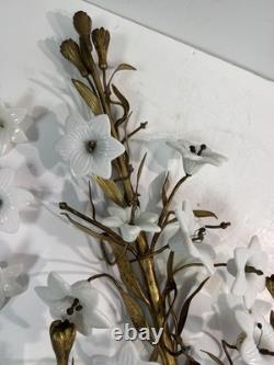 Vtg Italian Style Gilt Brass Wall Sculpture White Milk Glass Lily Flowers 40 L