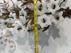 Vtg Italian Style Gilt Brass Wall Sculpture White Milk Glass Lily Flowers 40 L