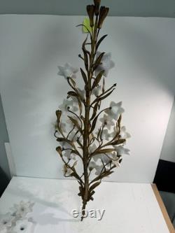 Vtg Italian Style Gilt Brass Wall Sculpture White Milk Glass Lily Flowers 40 L