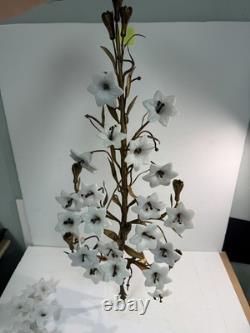 Vtg Italian Style Gilt Brass Wall Sculpture White Milk Glass Lily Flowers 40 L