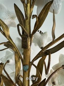 Vtg Italian Style Gilt Brass Wall Sculpture White Milk Glass Lily Flowers 40 L