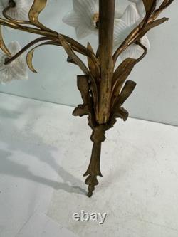 Vtg Italian Style Gilt Brass Wall Sculpture White Milk Glass Lily Flowers 40 L