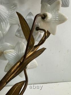 Vtg Italian Style Gilt Brass Wall Sculpture White Milk Glass Lily Flowers 40 L