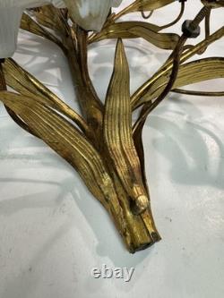 Vtg Italian Style Gilt Brass Wall Sculpture White Milk Glass Lily Flowers 40 L